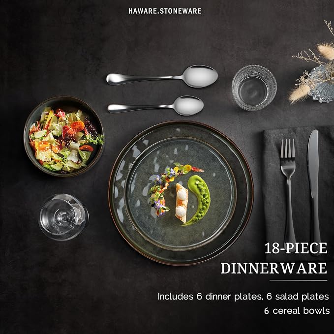 HaWare Dinnerware Sets, 18-Piece Plates and Bowls Set, Stoneware Dish Set for 6, Ceramic Dinnerware for Home Restaurant, Chip and Scratch Resistant, Microwave and Dishwasher Safe, Reactive Moss Green