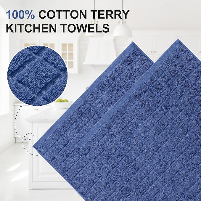 Homaxy Premium Cotton Kitchen Towels 16"x 28", Large Natural Ring Spun 390 GSM Dish Towels, Super Absorbent Terry Kitchen Hand Towels, Soft Tea Towels with Hanging Loop, Pure Navy Blue Design, 4 Pack