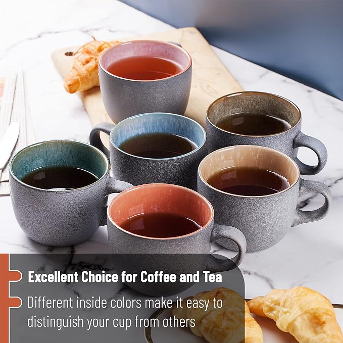 BTaT- Porcelain Coffee Mugs Set, 14 oz (415 ml), 6 Pack, Ceramic Coffee Mugs, Matte Black Outside and Colorful Inside, Restaurant Cups for Tea, Cappuccino, Cocoa, Cereal, Mug Gift Set, Dishwasher Safe