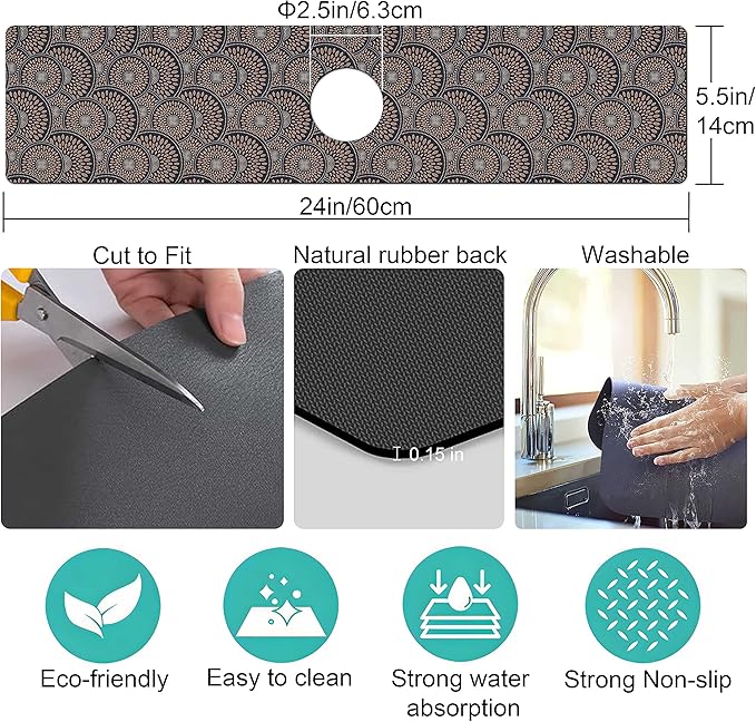 Kitchen Sink Splash Guard Faucet Mat Super Absorbent Fast Drying Mat Sink Gadgets Splash Guard Behind Faucet Drip Catcher for Kitchen (Grey, 23.5x5.5in)