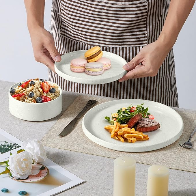 E-far 6-Piece Stoneware Dinnerware Sets, Plates and Bowls Set for 2, Kitchen Modern Dishes Set for Everyday & Formal, Chip and Scratch Resistant, Microwave & Dishwasher Safe, Speckled White