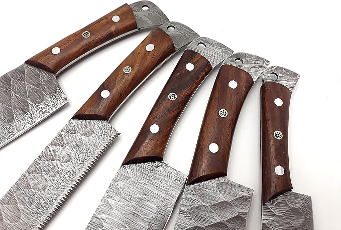Nooraki Kitchen Handmade Damascus Knife Set 5 Pieces Full Tang Rosewood Handle, Chef, Butcher, Bread, Paring, Skinning Knives Set Everyday Use With Leather Bag