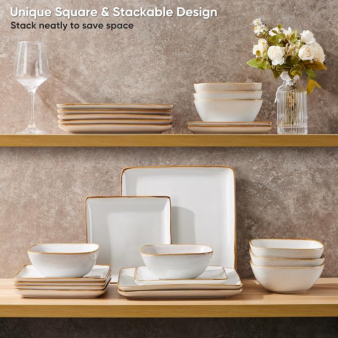 E-far Square plates and bowls Sets for 6, 18-Piece Reactive Glaze Stoneware Dinnerware Sets, Porcelain Dishware Sets for Kitchen Home, Microwave & Dishwasher Safe, Seashell White