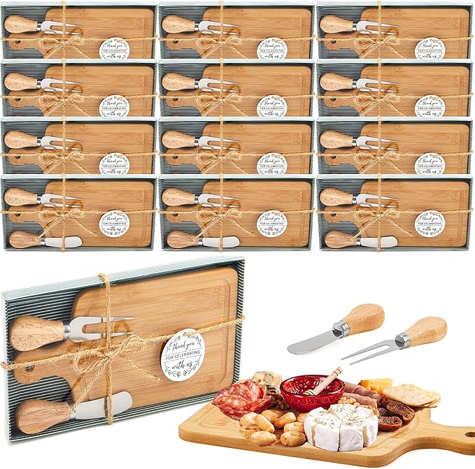 Ziliny 12 Set Bridal Baby Shower Cheese Prizes Wooden Square Board Gift Set Knives Forks Thank You Tags with Box for Guests for Valentines Bridal Baby Shower Housewarming Gifts (Bamboo Color)