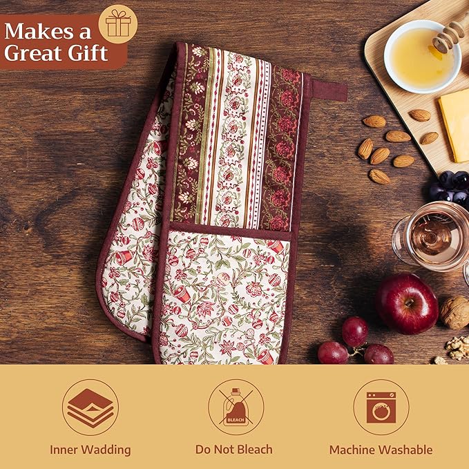 Maison d' Hermine Double Oven Mitt (7" x 35") 100% Cotton Heat Resistant BBQ Cooking Gloves with Loop for Thanksgiving Christmas Decorations Baking Cooking Handling Hot Pan (Reveillon Au Jardin)