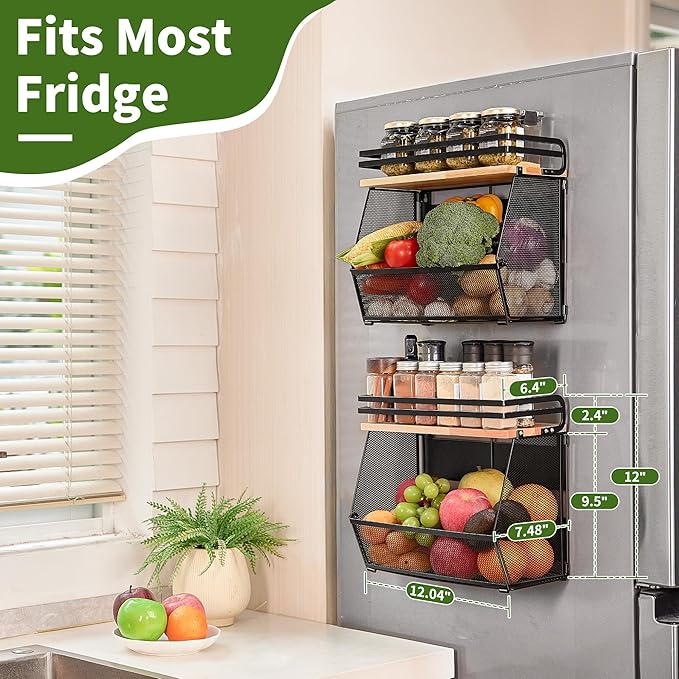 Imncya Magnetic Shelf for Refrigerator, Fridge Magnetic Fruit Basket Spice Rack with Wood Lid, Potato Onion Storage Organizer Magnetics Shelves for Refrigerator, Kitchen Counter, Pantry