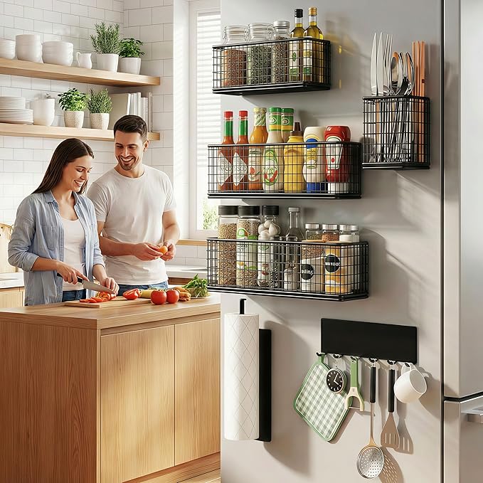 Magnetic Spice Rack Refrigerator,Include Paper Towel Holder And Hooks, For Traeger Grills Of Washing Machine Side (Black, 6-Pack)