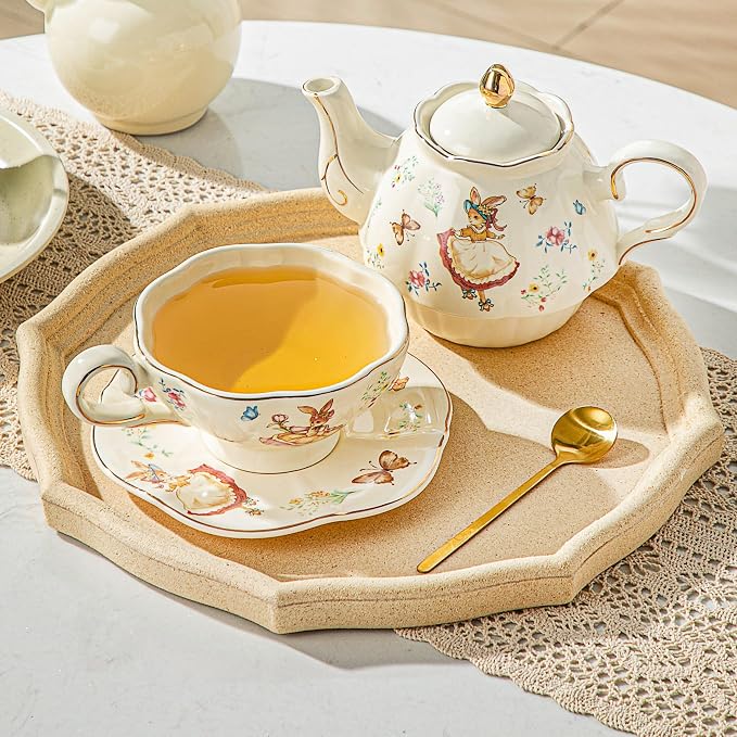 Domini Teapot cup combo,Teapot and Teacup for One,Tea Cup and Saucer Set-Tea Pot Set Gift for Girl Women,Rabit