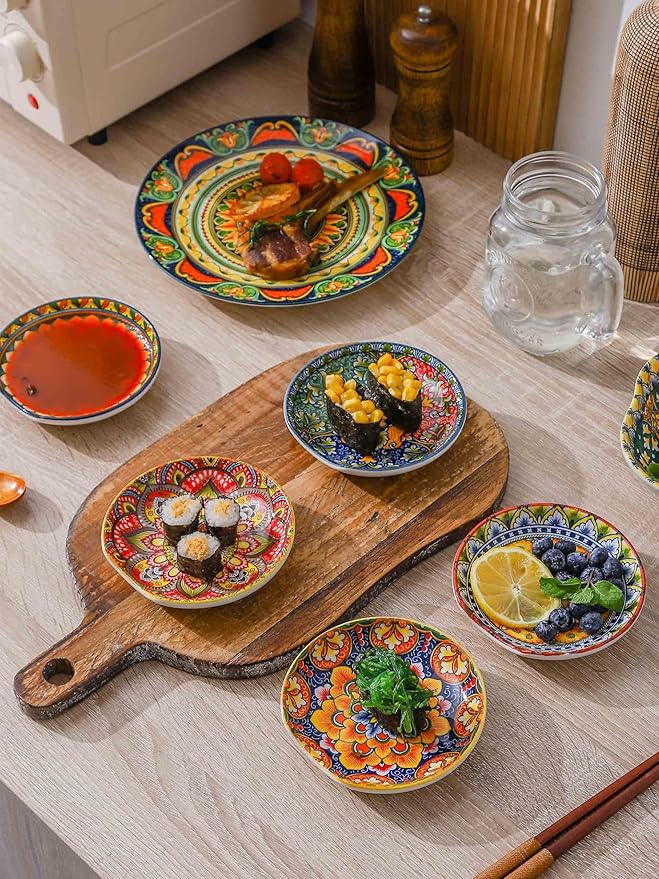 Henten Home Ceramic Spoon Rest for Stove Top, Bohemia Porcelain Spoon Holder Set of 6, Colorful Appetizer Plates for Sushi, Snack, Dishwasher & Microwave Safe