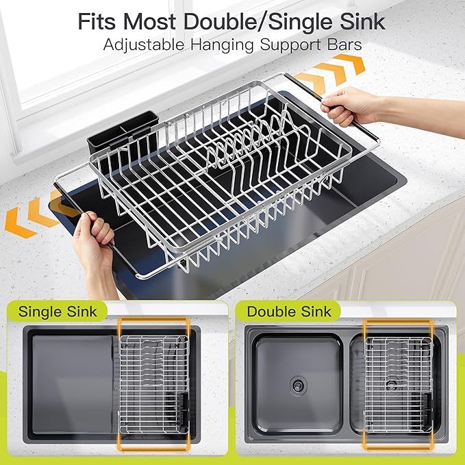 Expandable Stainless Steel Dish Drying Rack Over The Sink For Small Kitchen, Counter Space Saving Compact Metal Plate Drainer Strainer, Adjustable Hanging Inside Sink Rust Proof Wire Dryer Holder