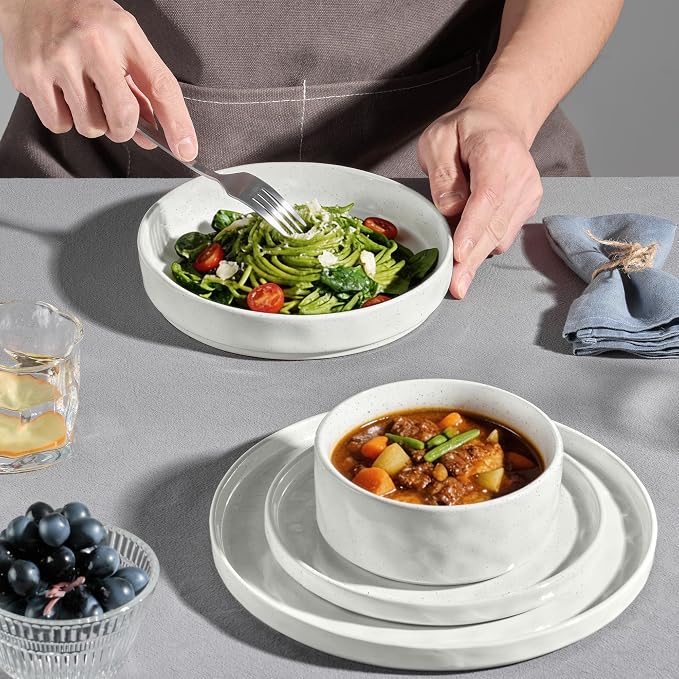 E-far 8-Piece Plates and Bowls Sets with Pasta Bowls - Stoneware Dinnerware Set for 2, Modern Ribbed Speckled White Dishes, Microwave & Dishwasher Safe