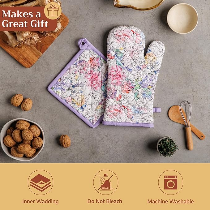 Maison d' Hermine Pot Holders 100% Cotton Heat Resistant Potholders 8" x 8" Hot Pads with Loop BBQ Cooking Baking Gifts for Mothers Day Handling Hot Pans Spring/Summer (Pack of 2, Floral Love)