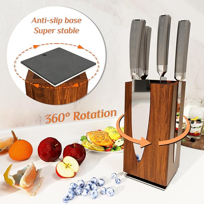 Brosisincorp 360° Rotating Magnetic Knife Block without Knives - Universal Holder for Counter Top with Removable Bristles, Acacia Wood