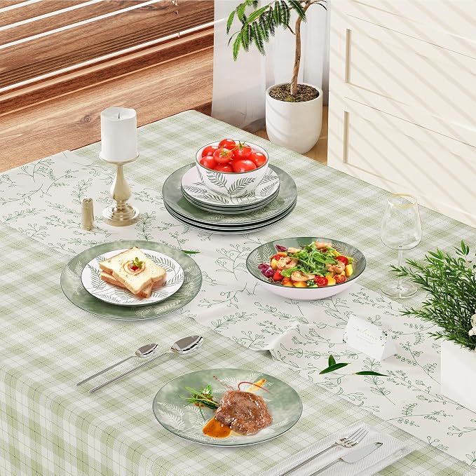 Porcelain Lightweight Dinnerware Sets for 4, 16 Pieces Sage Green White Floral Ceramic Plates and Bowls Set, Summer Dish Set with Pasta Bowls, Microwave and Dishwasher Safe