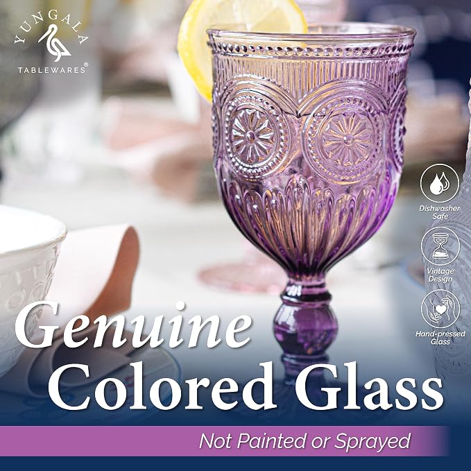 Purple Wine Glasses set of 6 purple goblets. GLASS goblets for wine, water or cocktails, vintage glassware and DISHWASHER SAFE, colorful glassware.