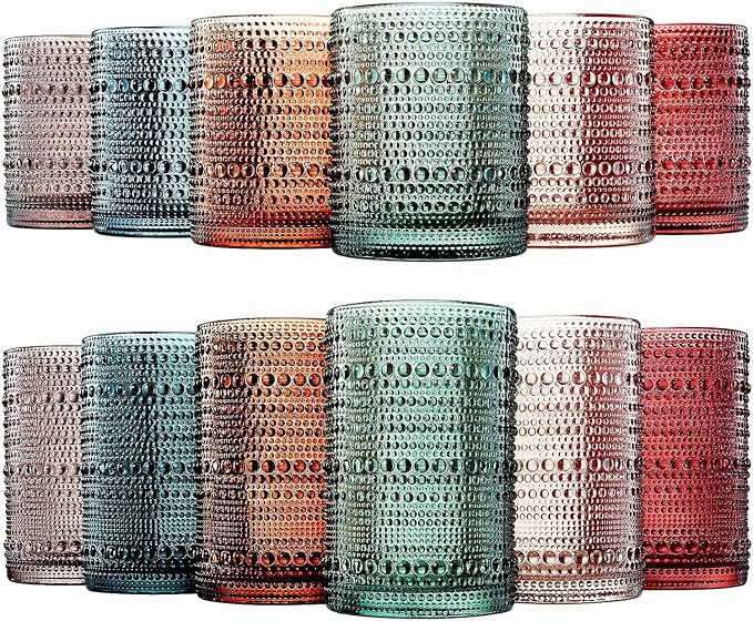 Khen Hobnail Beaded Highball Drinking Tumbler Glasses | Set of 12 | Color, Vintage Bubble Design Whiskey Glassware, Old-Fashioned, Embossed Design for Water, Wine, Cocktail Embossed, Rocks Glass