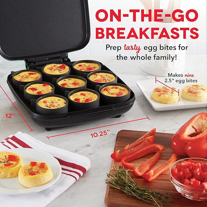 Dash Family Size Egg Bite Maker - Electric Egg Bite Maker with Non-Stick Silicone Cups - Space-Saving Design & Quick Cleanup - Make Sandwiches, Healthy Snacks & Desserts - 9 Servings, Aqua