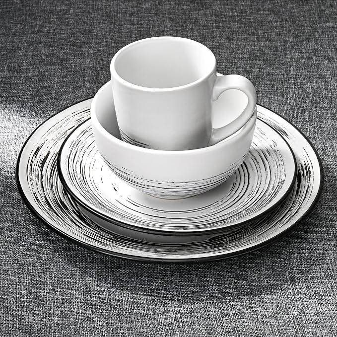 Homlouue 16 Pcs Stoneware Dinnerware Sets for 4, Porcelain Farmhouse Plates Bowls Mugs Set - Minimalist Chip Resistant Dish Set, Microwave & Dishwasher Safe in White and Black Thread