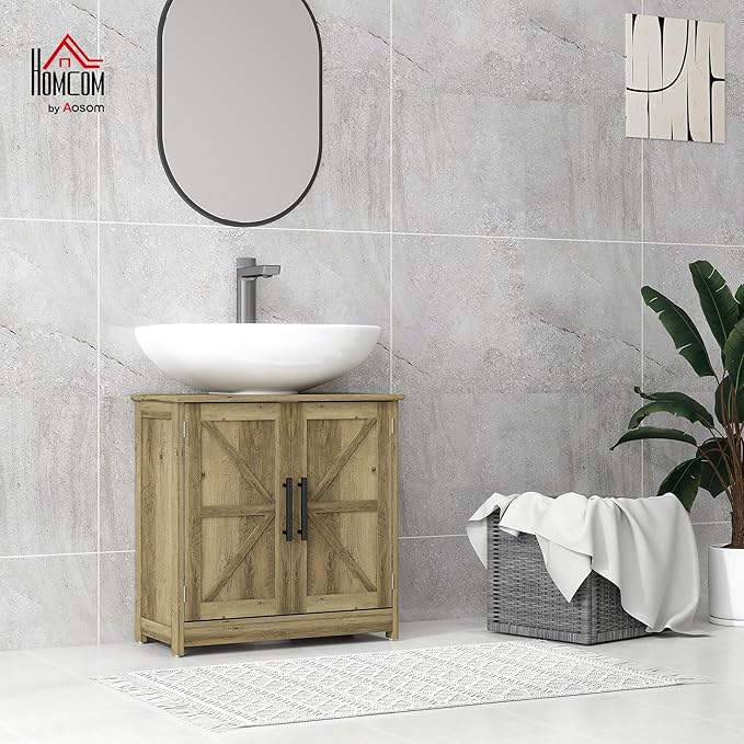 HOMCOM Pedestal Sink Storage Cabinet, Farmhouse Freestanding Bathroom Sink Cabinet with 2 Barn Doors and Adjustable Shelf, Distressed Light Gray