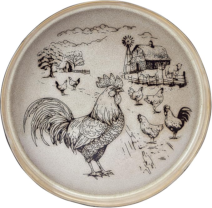 Pfaltzgraff Farmyard Rooster 12 Piece Farmhouse Style Dinnerware Set, Service for 4, Plate Bowl with High Rims, Rustic Design, Brown Black