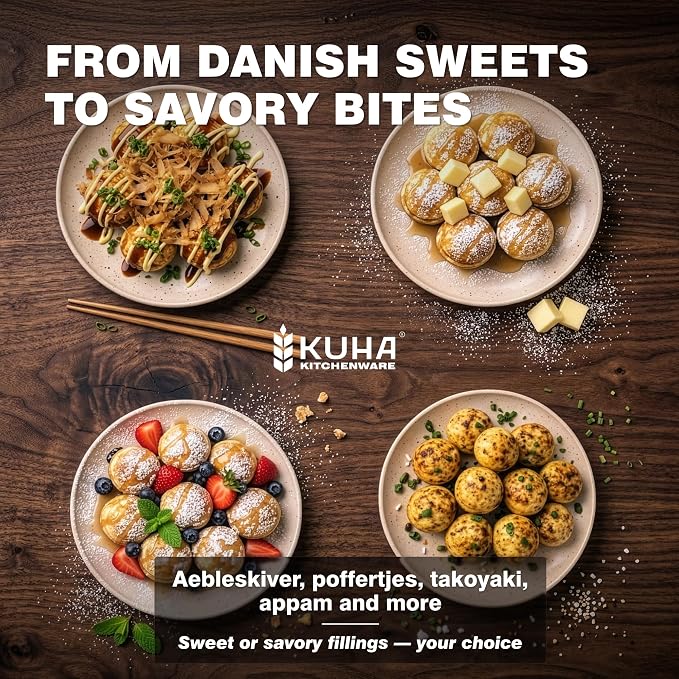 KUHA Cast Iron Aebleskiver Pan | Pre-Seasoned Pan for Authentic Danish Pancake Making, Poffertjes, Takoyaki, Appam & Paniyaram | Silicone Handle, Oven Mitt & Bamboo Skewers Included | 7.9" Diameter