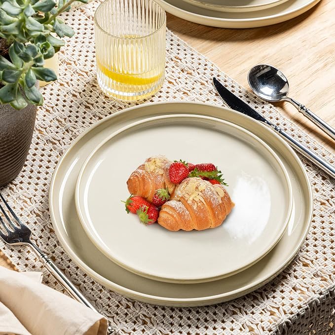 GBHOME Dinnerware Sets for 4, 12 Pieces Stoneware Plates and Bowls Sets, Scratch Resistant Dishes, Dishwasher & Microwave Safe, Reactive Glaze-Vanilla color