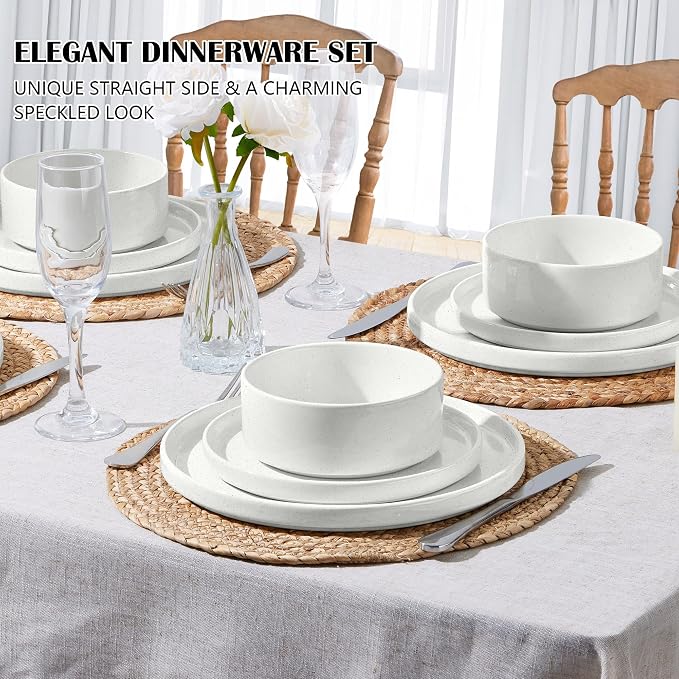 E-far 6-Piece Stoneware Dinnerware Sets, Plates and Bowls Set for 2, Kitchen Modern Dishes Set for Everyday & Formal, Chip and Scratch Resistant, Microwave & Dishwasher Safe, Speckled White