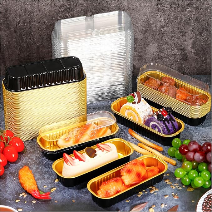 Qunclay 200 Pcs Aluminum Foil Mini Loaf Pans with Lids 6.8 oz Disposable Mini Cake Pan with Lid Rectangle Baking Cups for Party Muffin Cheesecake Ramekins(Black Gold)