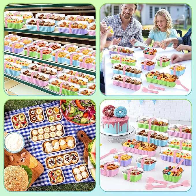 LemonRoad 120 Pcs Mini Loaf Pan with Lids and Spoons 6.8oz Rectangular Aluminum Foil Bread Pan 5oz Square Cake Cup with Decal Disposable Baking Supply for Graduate Wedding Birthday (Macaron Colors)