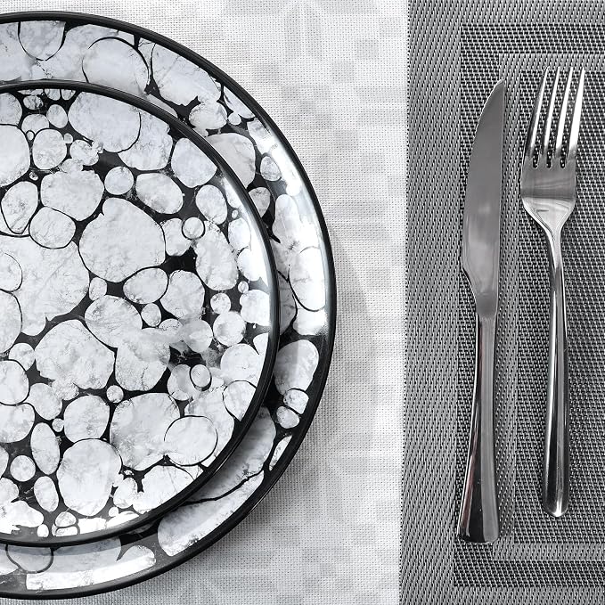 Melamine Dinnerware Sets 12pcs Rustic Farmhouse Dinner Dishes Set Lightweight Service for 4 Plastic Plates and Bowls Set, Modern Gray Bubble