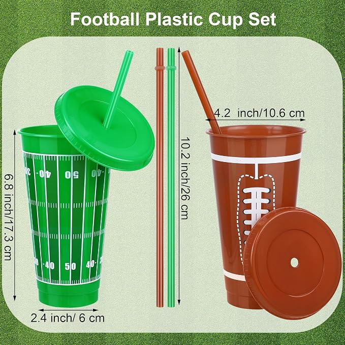 Kochorie 18 Pcs 24 oz Football Party Cups with Lids and Straws Reusable Plastic Tumbler Travel Mug Cups for Kids Coach Men Women Football Favors Tailgate Party Sports Game Time Supplies Decorations