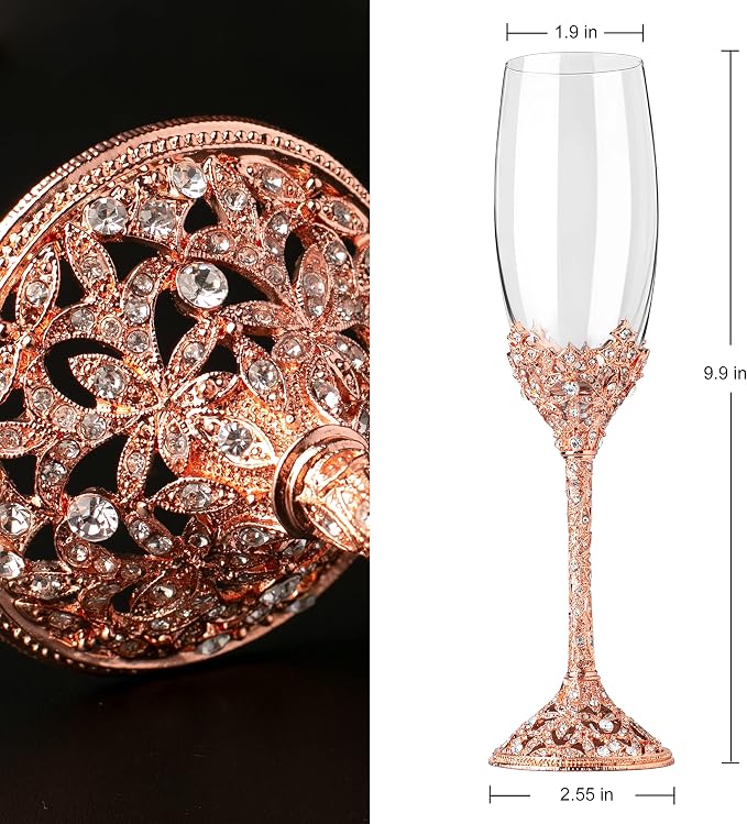 Champagne Flutes - Crystal Glass Metal Base With Crystal Stones, Set of 2 Toasting Flute Pair, Wedding Anniversary Party Birthday Banquets and Gifts for Bride and Groom (Rose Gold)
