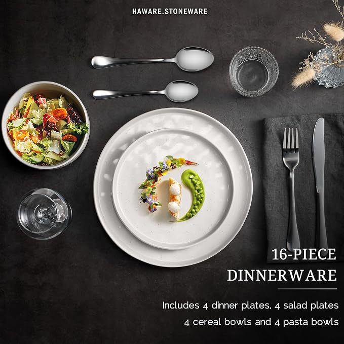 HaWare Dinnerware Sets, 16-Piece Plates and Bowls Set, Stoneware Dish Set for 4, Ceramic Dishware Set for Pasta Cereal, Chip and Scratch Resistant, Microwave and Dishwasher Safe, Speckled White