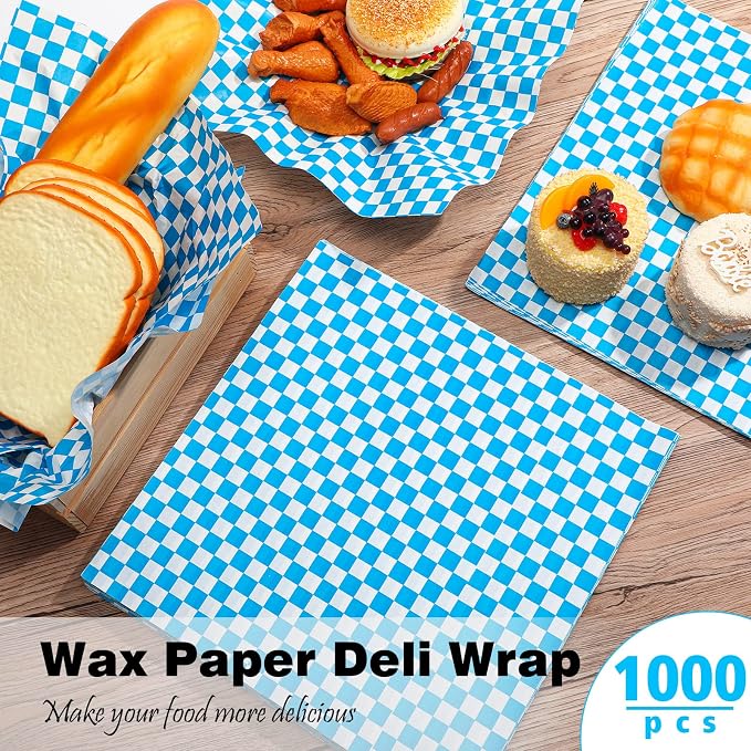 Spakon 1000 Sheets Wax Deli Paper Sheets for Food 12 x 12 Inch Checkered Dry Waxed Deli Basket Liners for Sandwich Wrapping, Food Basket Liners, Picnic party(Blue-white)