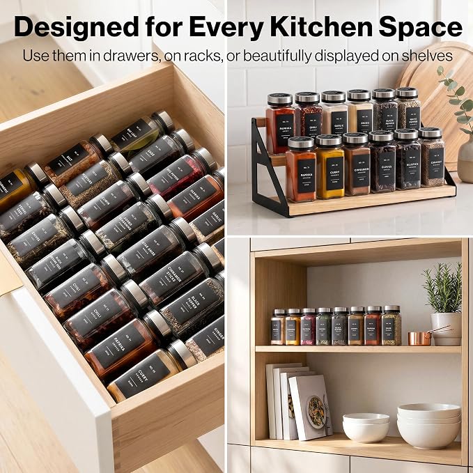 EDELHAUS Glass Spice Jars with Label and Silver Rotating Lids (24 x 4oz) Spice Containers with 240 Labels, Shaker Inserts, Steel Funnel, Empty Square Containers