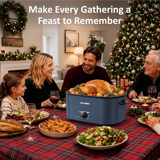 30 Quart Large Turkey Roaster with Defrost & Warm Functions, Electric Roaster Oven with Visible Self-Basting Lid, Adjustable Temperature Control, Removable Pan & Rack, Stainless Steel, Blue