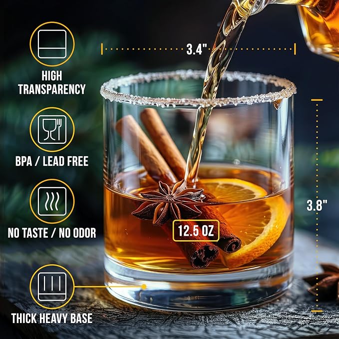Bravario Unbreakable Whiskey Glasses, Plastic Rocks Glasses — 12.5 oz Clear Dishwasher Safe Tritan Old Fashioned Drinkware, Shatterproof BPA-Free Bourbon Cocktail Set of 8