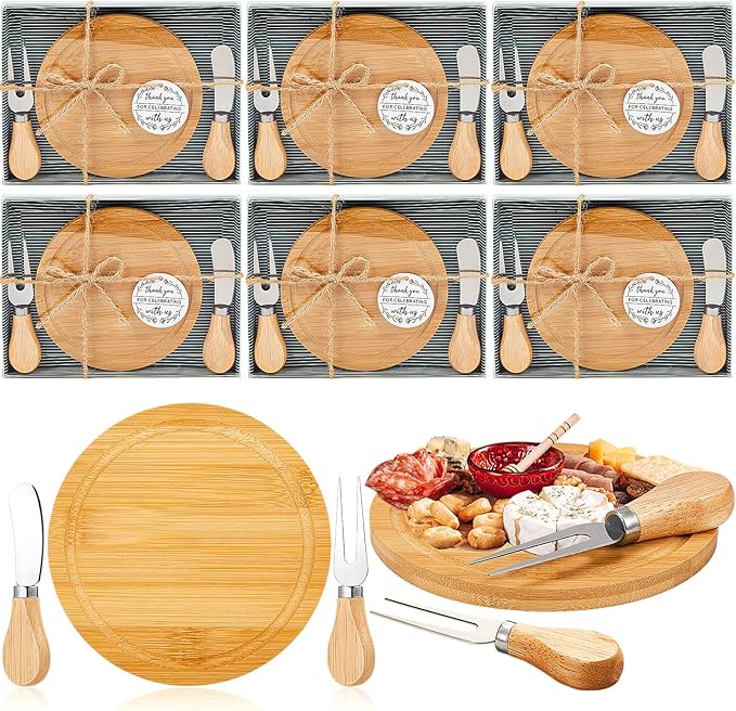 Maxcheck 6 Sets Baby Shower Bridal Game Prizes for Winners Round Cheese Board Set Wood Mini Charcuterie Board with Knives and Forks Thank You Card with Gift Box for Guests Wedding (Bamboo)