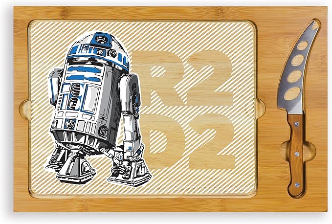 PICNIC TIME Star Wars R2-D2 Icon Glass Top Cheese Board and Knife Set, Charcuterie Serving Tray, Removable Tempered Glass, Parawood and Bamboo Design, (Parawood & Bamboo)