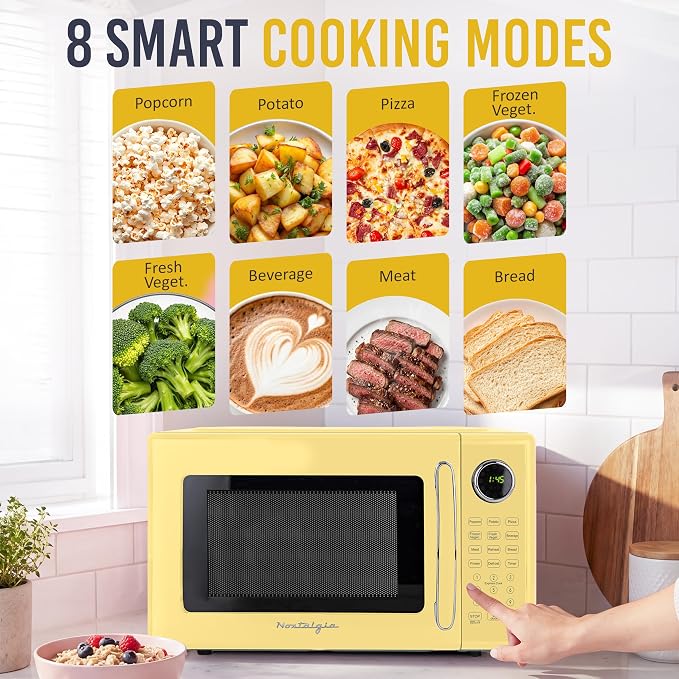 Nostalgia Modern Retro Compact Countertop Microwave Oven - 1.1 Cu. Ft. - 1000-Watts with LED Digital Display - Child Lock - Easy Clean Interior - Yellow