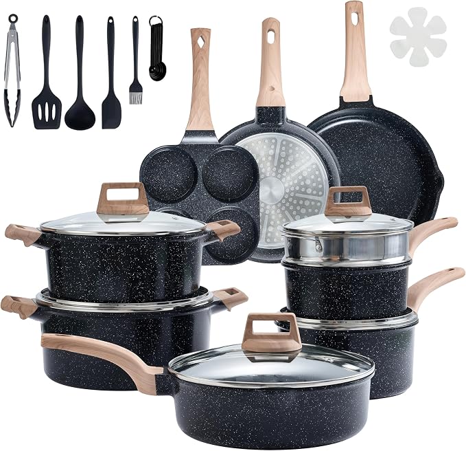 HealSmart 25Pcs Ceramic Cookware Set, Non-Toxic Nonstick Cooking Pots & Pans with Heat Resistant Grips, Complete Induction Compatible Kitchen Kit Including Multi-Size Frying Pans, Black