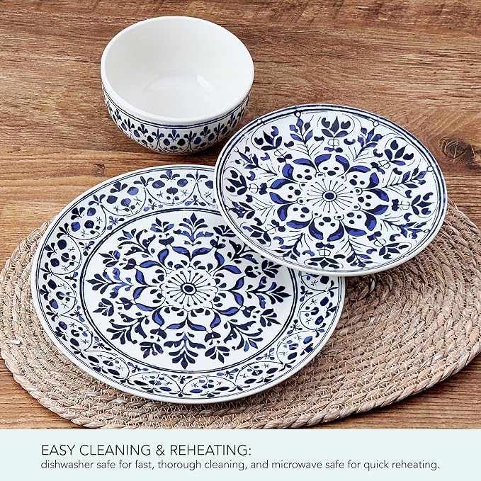 Pfaltzgraff Medallion Radiance 12 Piece Stoneware Dinnerware Plate Bowl Dish Set, Service for 4, Blue