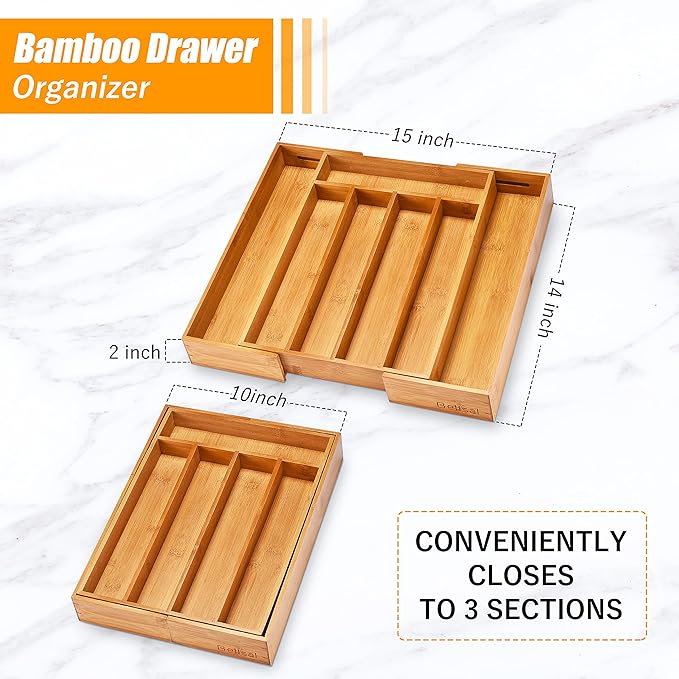 Bellsal Silverware Organizer 2 PIECE with grooves Kitchen Drawer Organizer Expandable Bamboo Utensil Holder Cutlery Tray for Kitchen Utensil and Flatware