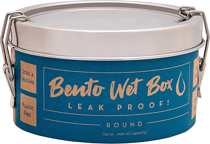 ECOlunchbox Bento Wet Box – Round Leak-Proof Stainless Steel Container, 24 oz (700 ml), Silicone Gasket & Soft-Close Clips, Plastic-Free, Dishwasher & Oven Safe