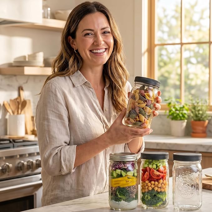 Wide Mouth Mason Jars 32 oz [2-Pack] with Airtight Lids – Glass Meal Prep Jars for Salads, Overnight Oats & Food Storage | BPA-Free Leak-Proof Lids