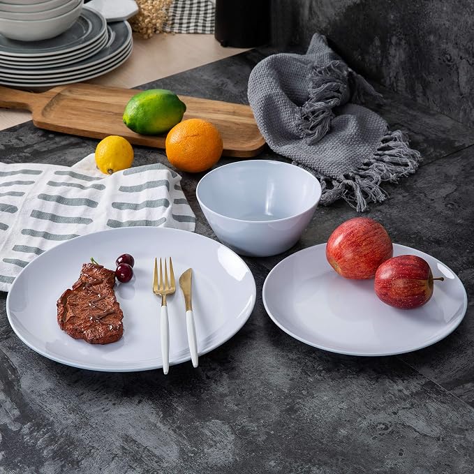 Melamine Dinnerware Set - 12pcs Plates and Bowls for 4,Durable Melamine Dishes Set for Everyday Use, Lightweight & Dishwasher Safe,White