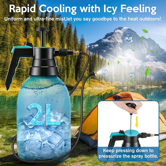 Aurelema Personal Mister, 2 in 1 Water Spray Bottle with 3.3ft Extend Mist Line/Neoprene Jacket/Strap, Portable Handheld Pump Spray Bottle for Outdoor Cooling, Hiking, Garden, Pet(Blue,2L)