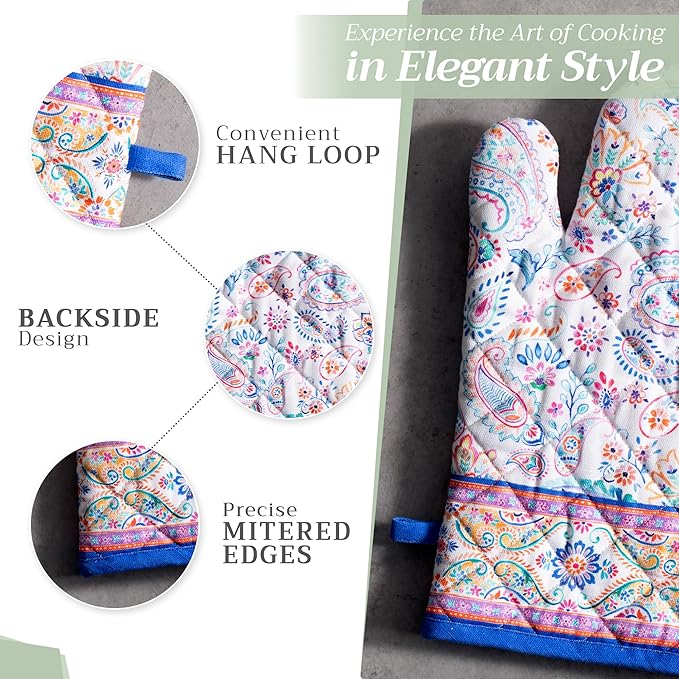 Maison d'Hermine Oven Gloves 100% Cotton Oven Mitt 7" x 13" with Loop Heat Resistant BBQ Cooking Gloves Baking Grilling Gifts for Mothers Day Spring/Summer (Pack of 1, Indian Floral)