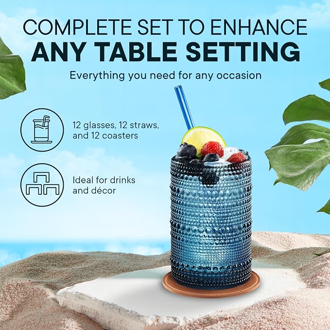 15 OZ Hobnail Drinking Set, Cornflower Blue, 12-Piece | Vintage Embossed Glassware, Textured Tumblers, Includes Straws and Coasters, For Water, Beer, Cocktails, Whiskey