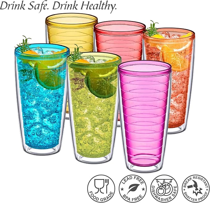 Amazing Abby - Alaska - 24-Ounce Insulated Plastic Tumblers (Set of 6), Double-Wall Plastic Drinking Glasses, Mixed-Color Reusable Cups, BPA-Free, Shatter-Proof, Dishwasher-Safe